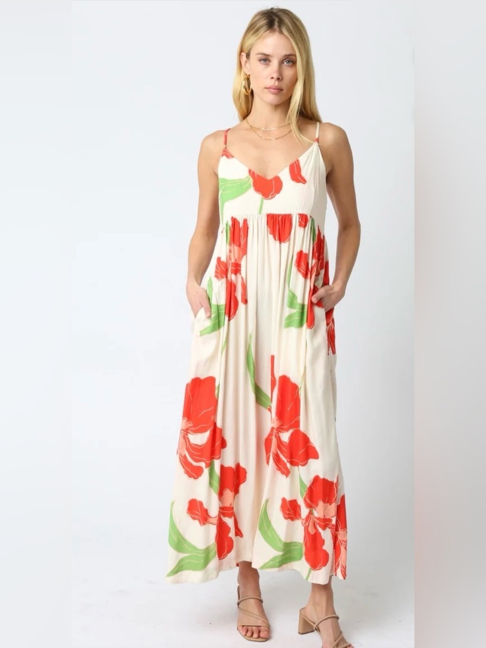 Ivory Floral Maxi Dress Cottagecore Boho Empire Waist Medium